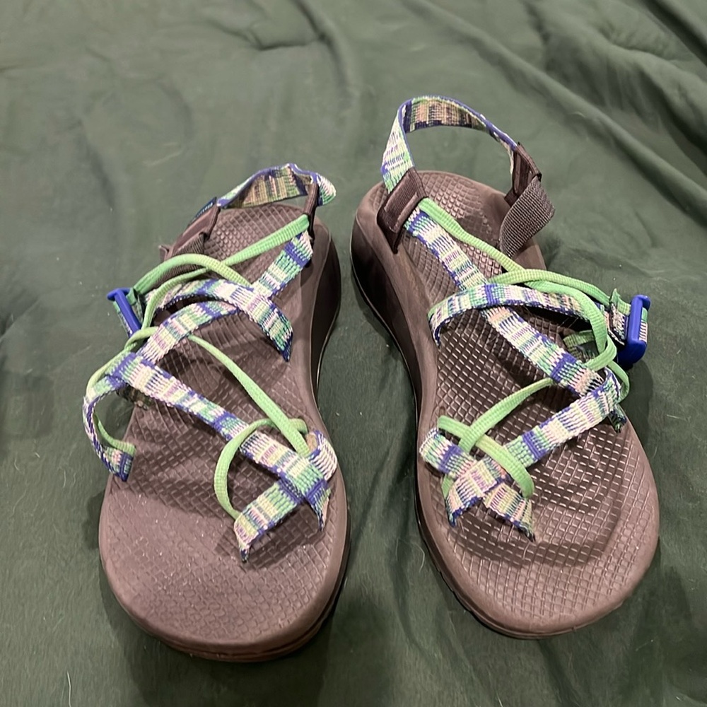 strappy blue and green chacos